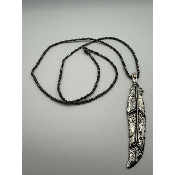 Pascale Monvoisin Sterling Silver Feather Pendant Pyrite Beaded Necklace Boho - Picture 6 of 7